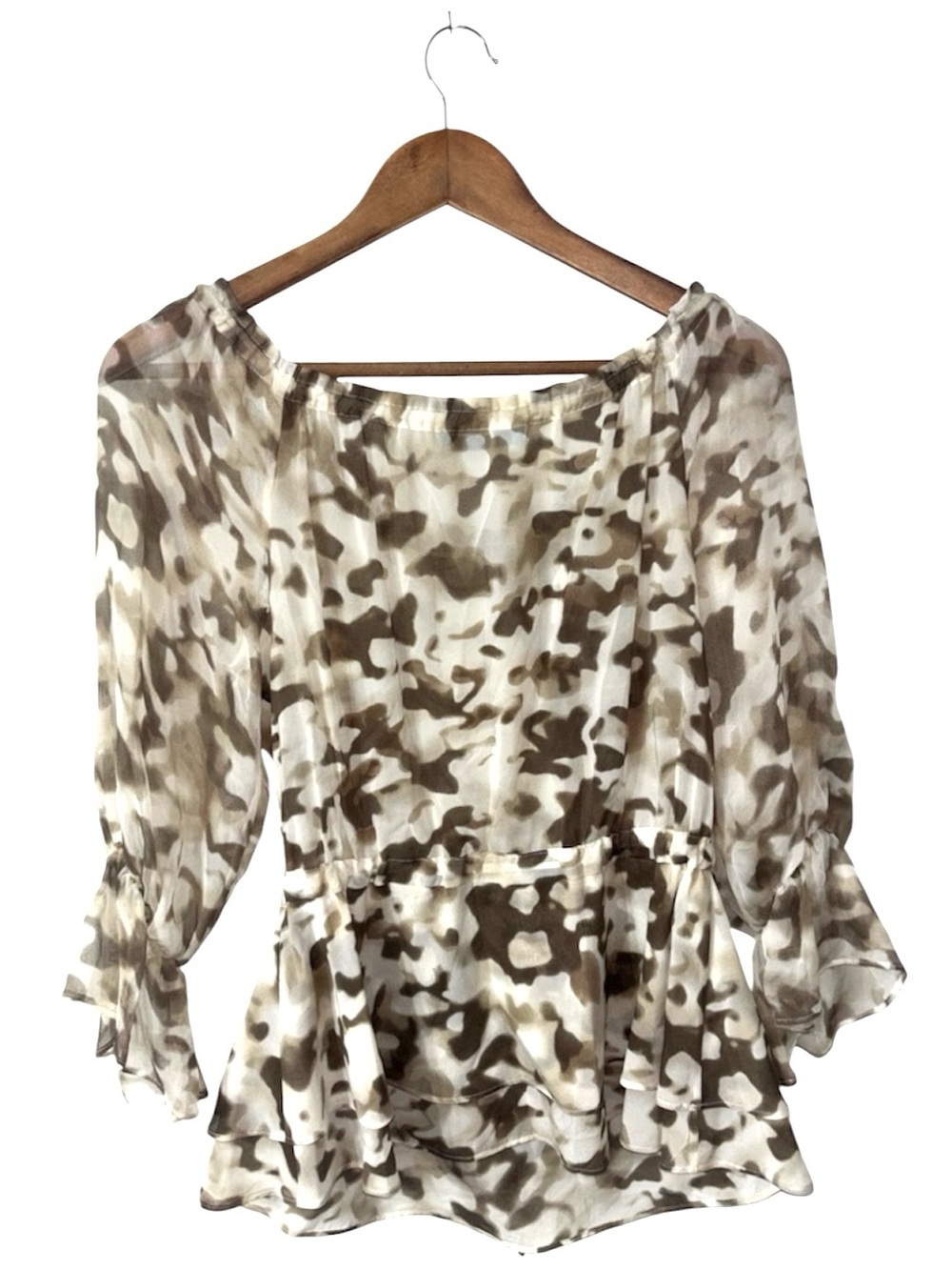 Alice + Olivia Silk Long Sleeve Blouse Tan Brown Print Ties Classy - Picture 2 of 5